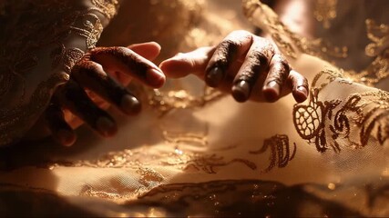 Traditional hands adorned with henna resting on embroidered fabric - Powered by Adobe