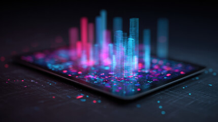 Fototapeta premium Digital visualization of data displayed on tablet, featuring vibrant blue and pink colors. abstract representation of data points and bars creates futuristic and dynamic atmosphere