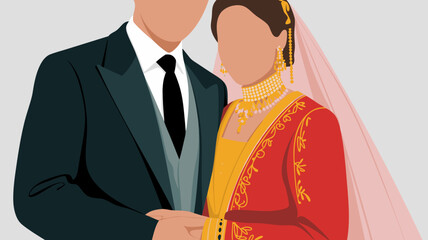 A beautiful vector illustration of a traditional Indian wedding couple, celebrating their union with cultural grace. This graphic art perfectly captures their special matrimonial day