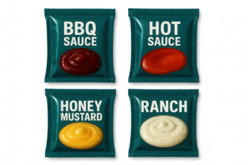 Condiment packet assortment including bbq, hot sauce, honey mustard, and ranch dressing sitting side by side on transparent surface