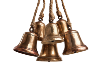 Set of Hanging Brass Bells on Rope (Transparent Background)