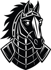 Vector art of black and white illustration of a knights horse head with armor