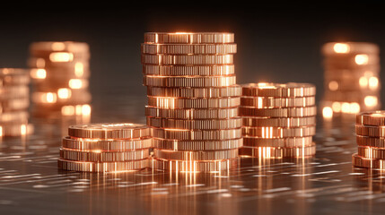 Stacks of shiny copper coins are arranged visually appealing manner, reflecting light and creating sense of wealth and prosperity. background features subtle digital pattern, enhancing modern feel