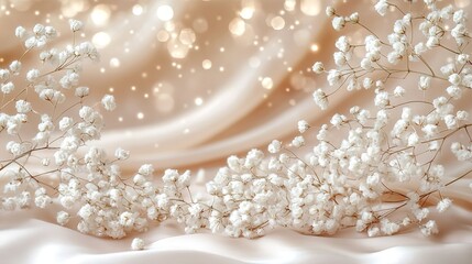 Gypsophila Flowers on Soft Beige Satin with Bokeh Background 