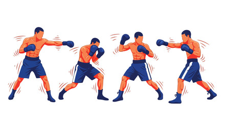 Set of male boxers in action throwing punches and defending, representing combat sports, strength, discipline, and competitive boxing performance