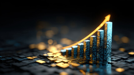 Digital representation of growing bar graph with upward trend, symbolizing financial growth and success. glowing bars and arrow convey sense of progress and achievement in data analysis