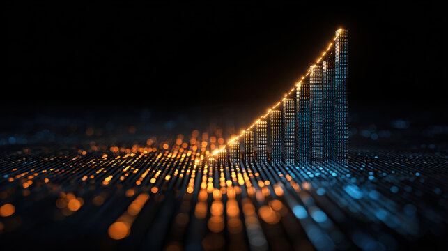Digital representation of growing graph, showcasing upward trend with glowing dots in orange and blue colors. background is dark, emphasizing vibrant data visualization