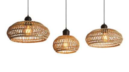Three woven pendant lights create inviting rustic ambiance
