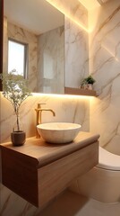 stylish small singapore hdb bathroom modern luxury interior marble feature wall floating wood vanity elegant brushed gold fixtures ambient cove lighting seren