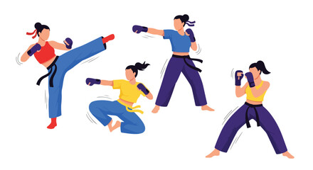 Set of female martial artists practicing kicks, punches, and stances, representing strength, discipline, training, and competitive performance in martial arts and self-defense