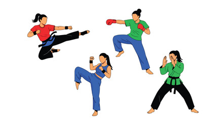 Set of female martial artists practicing kicks, punches, and stances, representing strength, discipline, training, and competitive performance in martial arts and self-defense