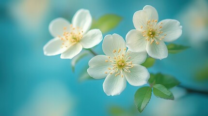 Close - up of Delicate White Blossoms with Green Leaves against a Blue Background 