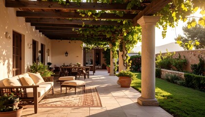 Cozy Outdoor Patio with Elegant Furniture and Lush Greenery