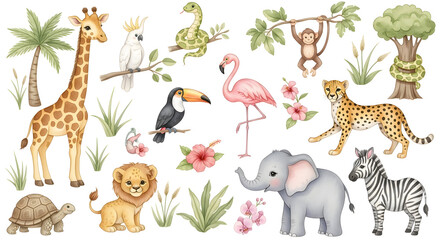 Naklejka premium Safari Jungle Nursery Watercolor Characters — Cute Hand-Painted Giraffe, Lion, Monkey, Toucan, Flamingo, Elephant, Zebra & Cheetah with Tropical Leaves for Baby Room Prints