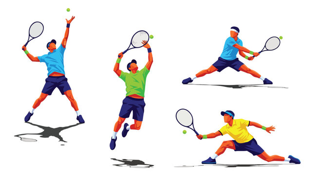 Set of male tennis players performing serve, volley, and forehand shots, showcasing athletic skill, competition, and dynamic movement in professional sports and training