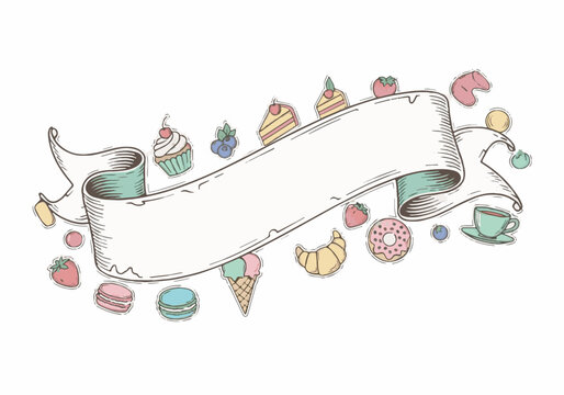 Hand drawn vintage banner with an assortment of sweet treats, pastries, and desserts, ideal for food festivals, bakery menus, or event design.
