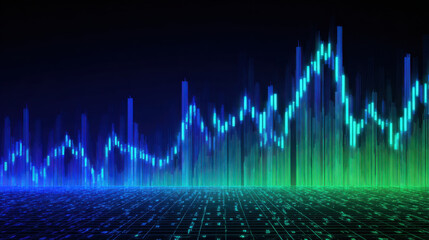 Digital graph representing data trends with vibrant blue and green colors, showcasing upward and downward movements. visual conveys sense of technology and analytics