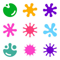 Colorful paint splashes and ink blots collection on white background. Fun abstract vector illustrations for kids, art, patterns, textures, UI, stickers, and stock design elements