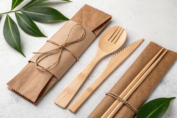 Eco-friendly Dining Setup With Bamboo Utensils on a Textured Surface