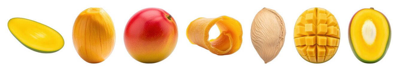 Mango set including whole, peeled, sliced, halved, cubed, peel, and seed stages isolated. Healthy food and tropical fruit collection.