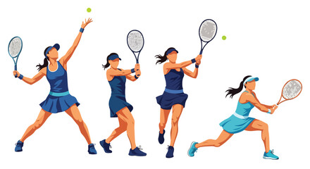 Set of female tennis players in action performing serve, forehand, backhand, and volley, representing competition, athletic skill, and dynamic movement in professional sports
