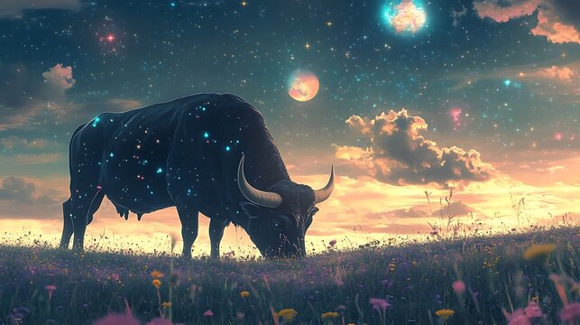 Taurus' bull grazing in an enchanted meadow, with the sky above glowing with constellations and planets. 