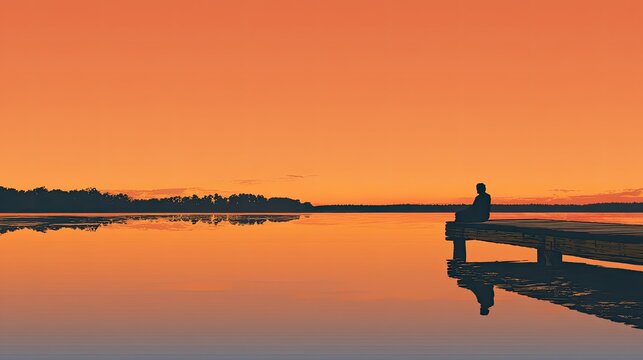 Silhouette of person on dock at tranquil sunset over lake