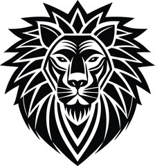 Obraz premium Vector art of intricate lion face illustration with a spiky mane, rendered in a bold black and white graphic style, emphasizing a fierce and powerful presence, suitable for logos and emblems