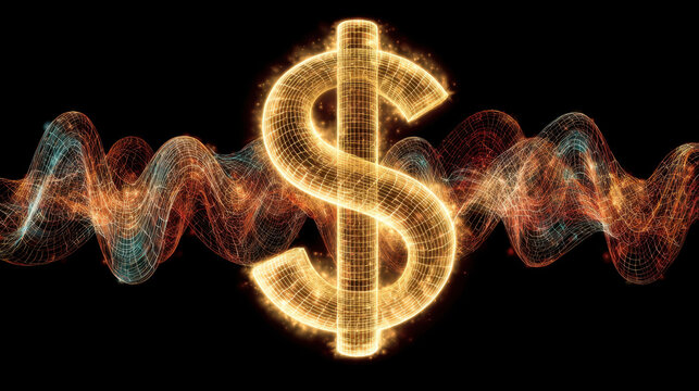 Glowing dollar sign surrounded by vibrant wave patterns symbolizes wealth and financial growth. dynamic colors and light effects create energetic atmosphere, representing flow of money
