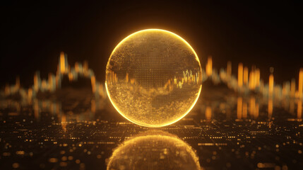 Glowing golden sphere represents digital globe, surrounded by abstract data visualizations and glowing lines. This conveys sense of technology, innovation, and global connectivity
