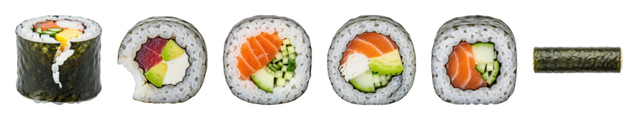 Sushi rolls set including whole, unrolled, sliced, and bitten varieties isolated. Japanese food collection.