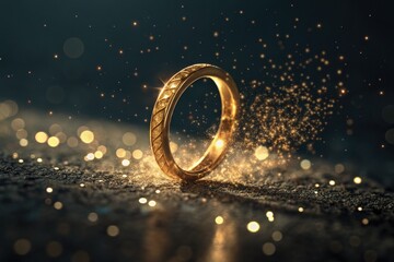 Golden Ring Surrounded by Shimmering Particles in Soft Glowing Light