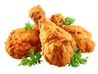Crispy fried chicken drumsticks isolated on white background.