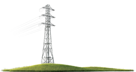 a single paper-like electric tower, grassy field, simple design, white background,