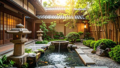 Fototapeta premium Tranquil Japanese Garden with Serene Pond and Lush Greenery