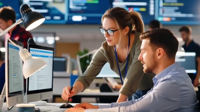 Collaborative Software Engineers Analyzing Data Dashboards in a Modern Tech Hub for Digital Transformation