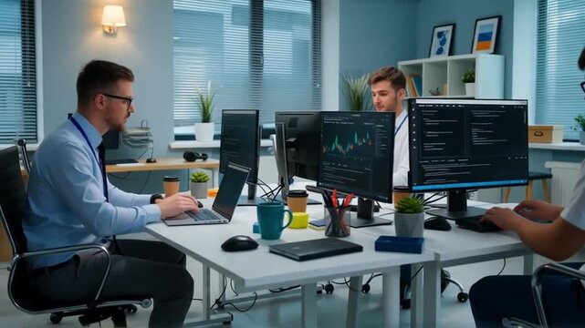 Professional Software Engineers Developing Code and Analyzing Data in Modern Corporate Tech Office
