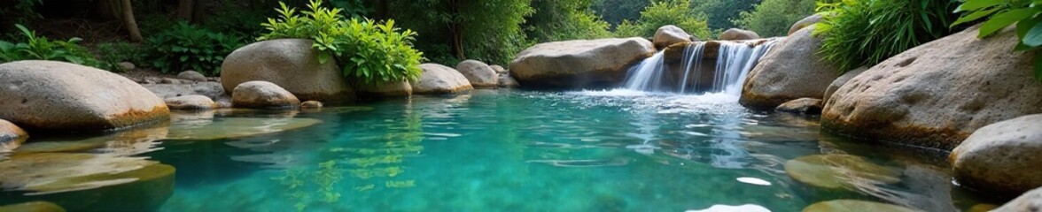 Relaxing outdoor hot spring with smooth stones, lush greenery, and cascading water  Perfect for spa, wellness, and travel imagery , water, landscape
