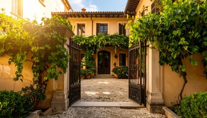 Fototapeta premium Charming Entrance to a Rustic Villa Surrounded by Lush Greenery