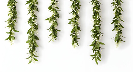 Hanging botanical vines — vertical trailing greenery composition with eucalyptus, ivy and mixed foliage in soft watercolor style, elegant botanical wall décor