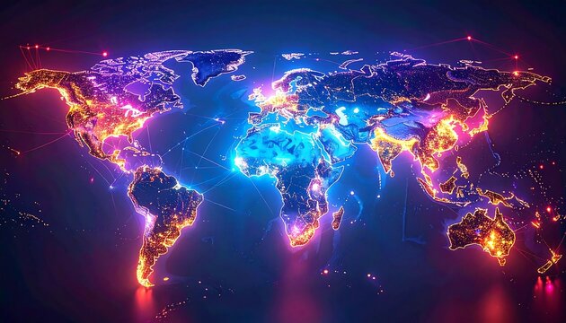A futuristic digital world map with interconnected glowing lines representing a global network of data and communication, illustrating advanced technology and modern connectivity