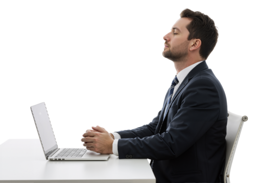 Young businessman practicing mindfulness meditation at his desk, taking a calming break from work for stress relief