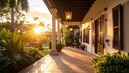 Naklejka premium Serene Sunset Over Tropical Villa Porch with Lush Greenery