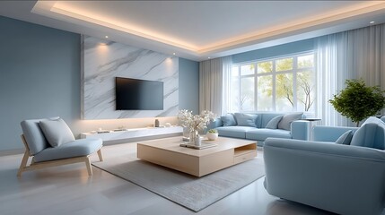 A modern minimalist style living room an LCD TV and a rock slab background wall