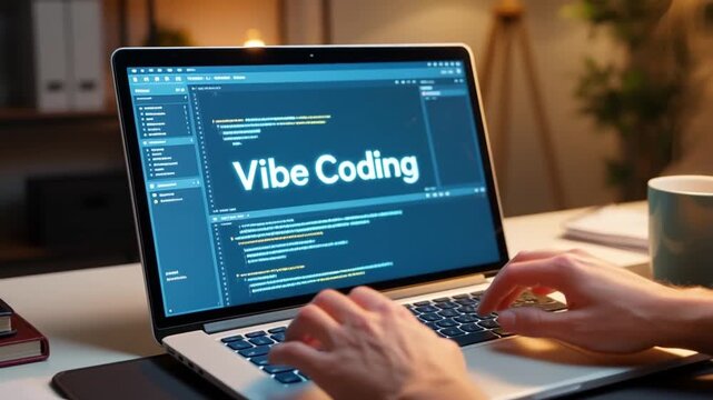 Vibe Coding Software Developer Programming on Laptop in Cozy Home Office Workspace