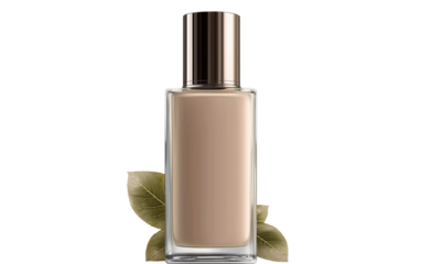  a bottle of white and gold liquid foundation with a golden cap, standing upright on the right side, against a pure background with a high-definition photography effect