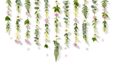 Hanging botanical vines — vertical trailing greenery composition with eucalyptus, ivy and mixed foliage in soft watercolor style, elegant botanical wall décor