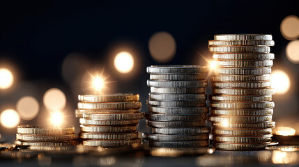 Stacks of coins glimmer against dark background, illuminated by soft bokeh lights, symbolizing wealth and prosperity. arrangement showcases varying heights, creating visually appealing composition