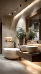 A modern bathroom with sleek curved lines and soft lighting featuring an elegant freestanding bathtub a double vanity toilet and a large mirror above the sink