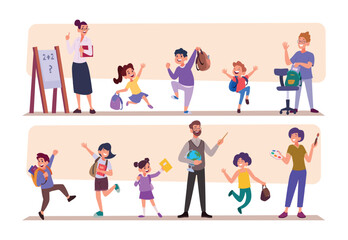 Professor and students. Smart characters with teachers on lesson exact vector back to school template set